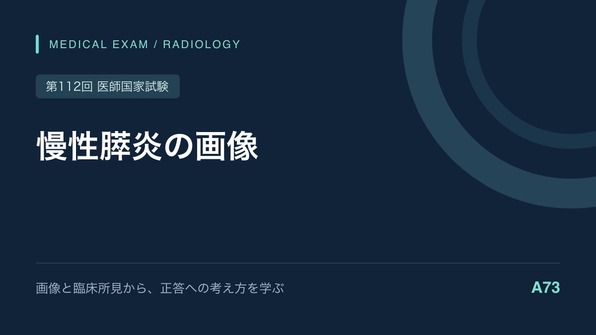 慢性膵炎のCT・MRCP｜膵石と膵管変化、食事療法｜第112回医師国家試験A73